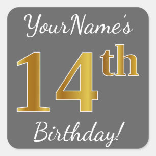 Pegatina Cuadrada Gris, Faux Gold 14th Birthday + Nombre personaliza