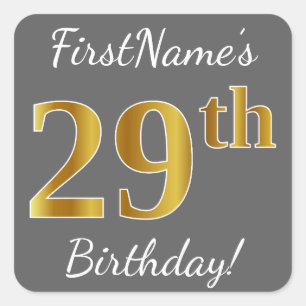Pegatina Cuadrada Gris, Faux Gold 29th Birthday + Nombre personaliza