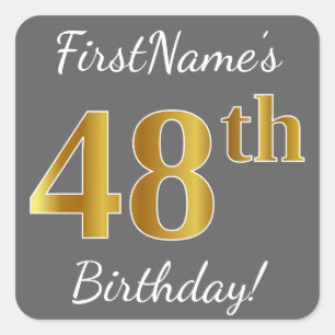 Pegatina Cuadrada Gris, Faux Gold 48th Birthday + Nombre personaliza