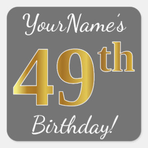 Pegatina Cuadrada Gris, Faux Gold 49th Birthday + Nombre personaliza