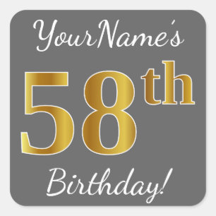 Pegatina Cuadrada Gris, Faux Gold 58th Birthday + Nombre personaliza