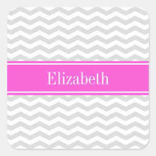 Pegatina Cuadrada Gris Lt Whin Chevron Nombre Rosa Caliente Monogram