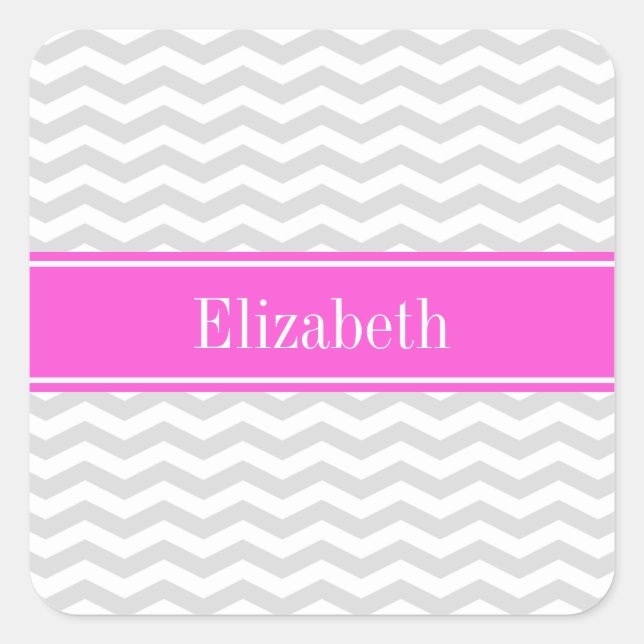 Pegatina Cuadrada Gris Lt Whin Chevron Nombre Rosa Caliente Monogram (Anverso)