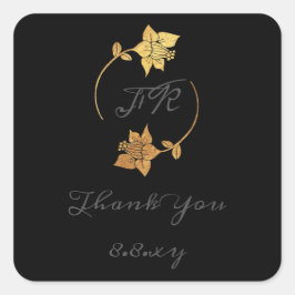 Pegatina Cuadrada Gris negro Gracias Monograma Flower Gold Save Date