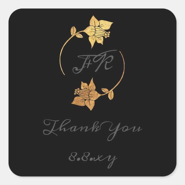 Pegatina Cuadrada Gris negro Gracias Monograma Flower Gold Save Date (Anverso)