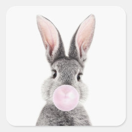 Pegatina Cuadrada Gris rabbit soplando chicle rosado