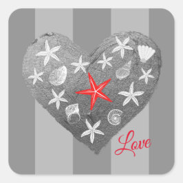 Pegatina Cuadrada Gris Stripe Tema Costero Seashell Starfish Corazón