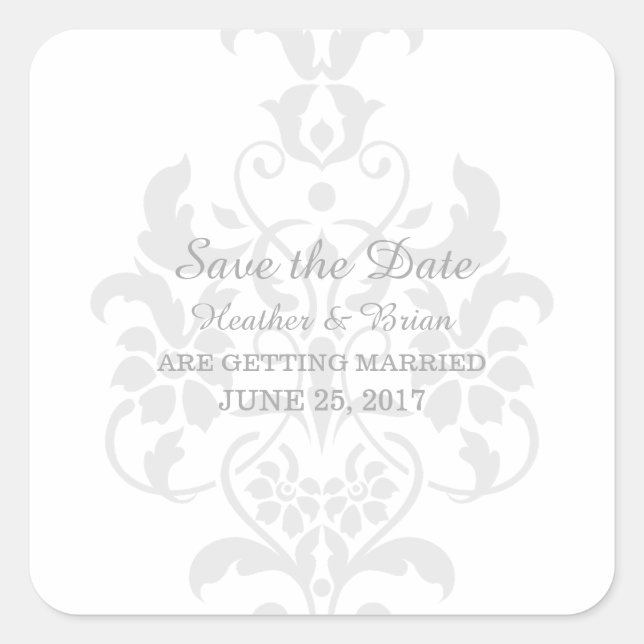 Pegatina Cuadrada Gris Subtle Damask Save the Date Pegatinas (Anverso)