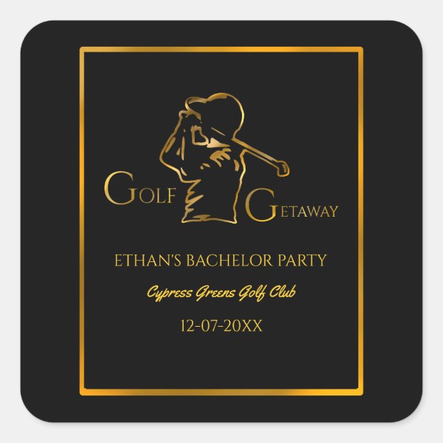 Pegatina Cuadrada Groom Golfer Bachelor Party Luxury Gold (Anverso)