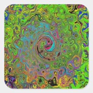 Pegatina Cuadrada Groovy Abstracto Retro Remolino Verde Lima y Azul