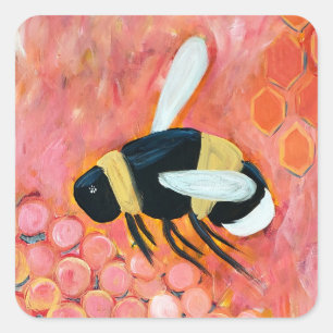 Pegatina Cuadrada Groovy Bee and Pink Flowers Bella Artes