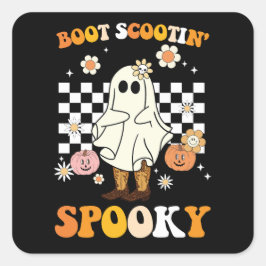 Pegatina Cuadrada Groovy Boot Scootin Spooky Ghost Halloween Retro