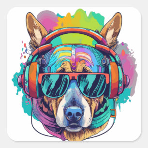 Pegatina Cuadrada Groovy Canine Vibes : Perro Guay con audífonos