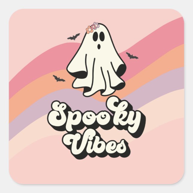 Pegatina Cuadrada Groovy Cumpleaños Fantasma retro Halloween Vibraci (Anverso)