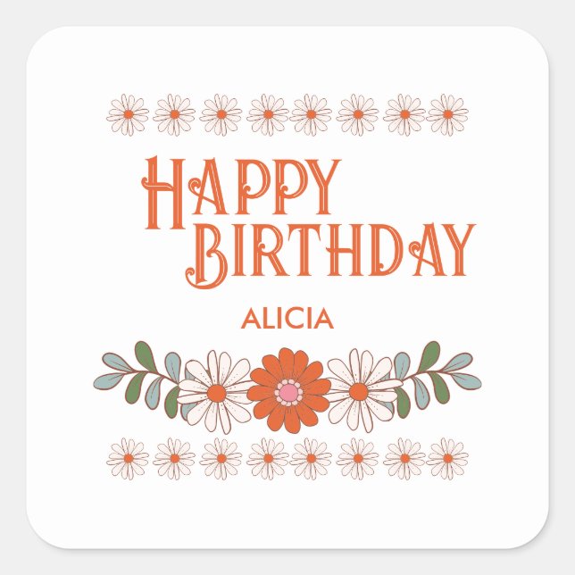 Pegatina Cuadrada Groovy Daisy Hippie Flora Leaf feliz cumpleaños (Anverso)