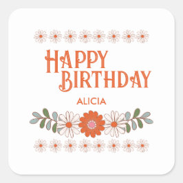 Pegatina Cuadrada Groovy Daisy Hippie Flora Leaf feliz cumpleaños