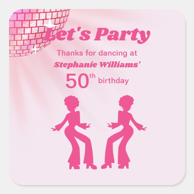 Pegatina Cuadrada Groovy Disco ball Pink Purple Womans 50th Birthday (Anverso)