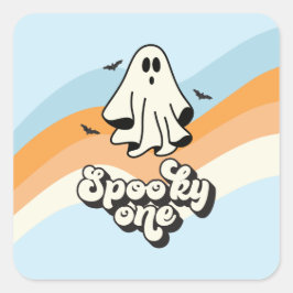 Pegatina Cuadrada Groovy Fantasma retro Halloween Espeluznante Azul