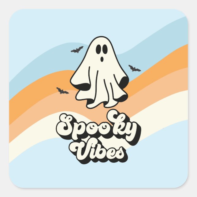 Pegatina Cuadrada groovy Ghost retro Halloween Spooky Vibes Blue (Anverso)