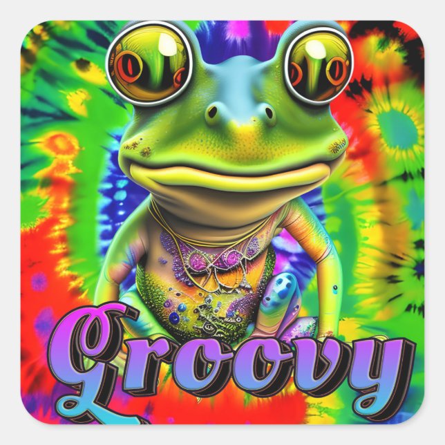 Pegatina Cuadrada Groovy Hippie Trippy Frog Psychedelic (Anverso)