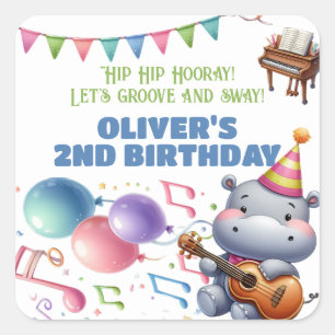 Pegatina Cuadrada "Groovy Hippo Cumpleaños Bash Bonanza!" Invitación