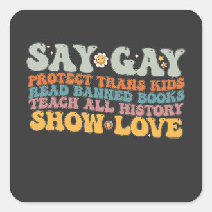 Pegatina Cuadrada Groovy LGBT dice Gay Protect Trans Kids Leer libro
