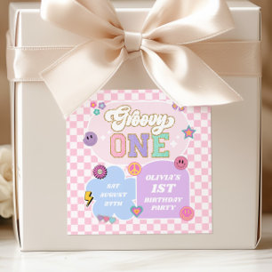 Pegatina Cuadrada Groovy One Preppy Parche de Cumpleaños 1er Cumplea