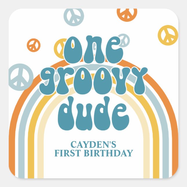 Pegatina Cuadrada Groovy One Retro Boy First Birday (Anverso)