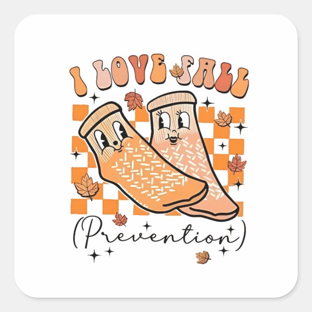 Pegatina Cuadrada Groovy Retro I Love Fall Prevention Funny (Anverso)