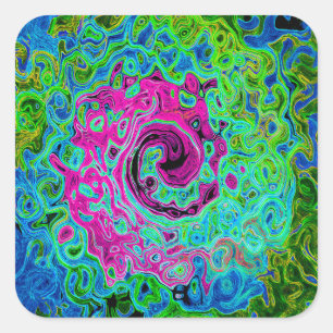 Pegatina Cuadrada Groovy rosa caliente y azul Resumen Swirte retro