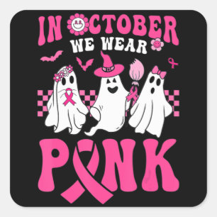 Pegatina Cuadrada Groovy Usa Cáncer De Mama Rosado Guerrero Fantasma