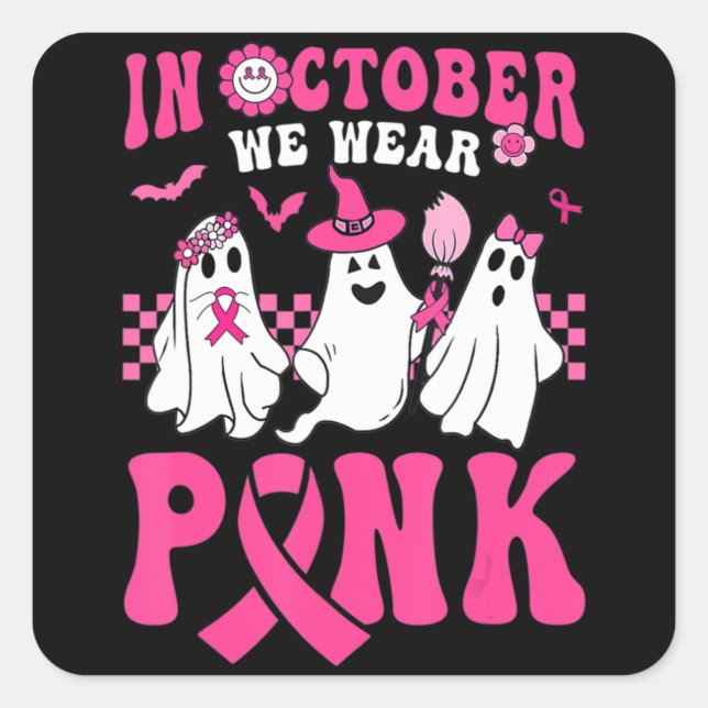 Pegatina Cuadrada Groovy Usa Cáncer De Mama Rosado Guerrero Fantasma (Anverso)