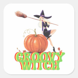 Pegatina Cuadrada GROOVY WITCH brujas divertidas de Halloween