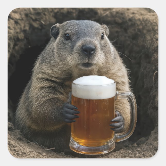 Pegatina Cuadrada Groundhog With Mug of Beer (Anverso)