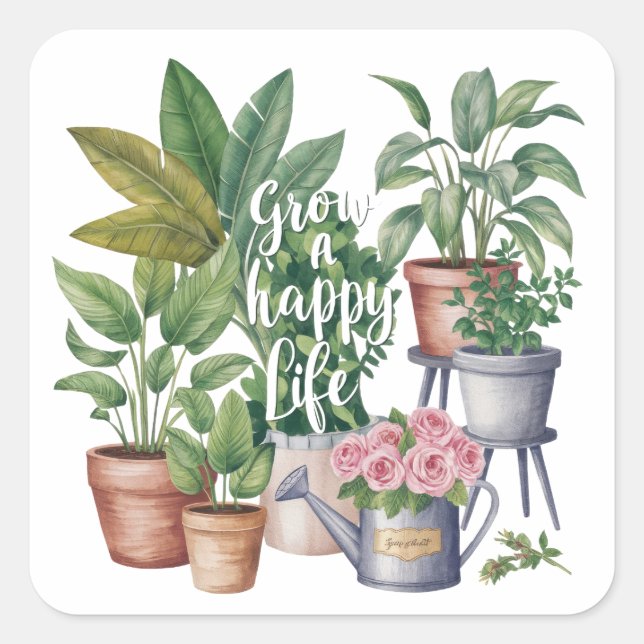 Pegatina Cuadrada Grow a Happy Life Stickers (Anverso)