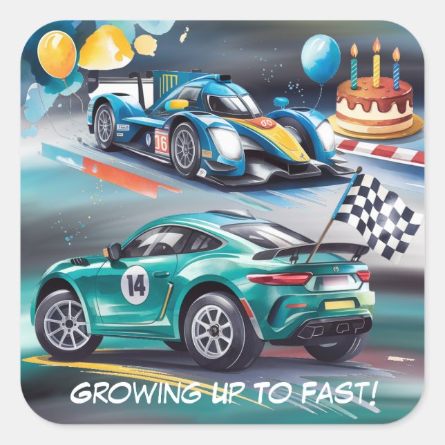 Pegatina Cuadrada Growing Up To Fast Boy Birthday Party (Anverso)