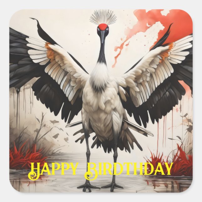 Pegatina Cuadrada Grúa de Crowne Roja sobre el agua (Anverso)