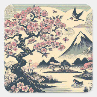 Pegatina Cuadrada Grulla Flor de Cerezo de Grabado en Madera Japonés