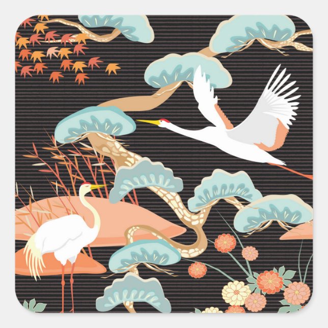 Pegatina Cuadrada Grullas, garzas: Patrón de pájaros japoneses. (Anverso)