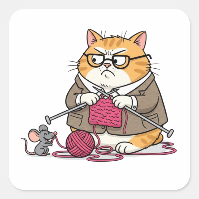 Pegatina Cuadrada Grumpy Cat Knitting Funny Cartoon Sticker (Anverso)