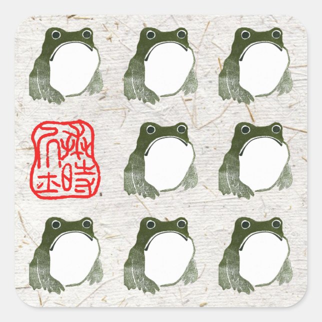 Pegatina Cuadrada Grumpy Tapo De Rana Japonesa Del Siglo XIX (Anverso)