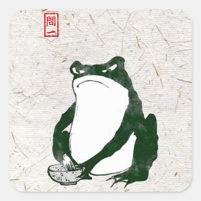 Pegatina Cuadrada Grumpy Tapo De Rana Japonesa Del Siglo XIX (Anverso)