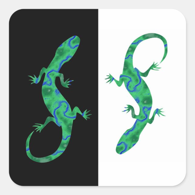 Pegatina Cuadrada Grüner Gecko ArtDeco blanco y negro (Anverso)