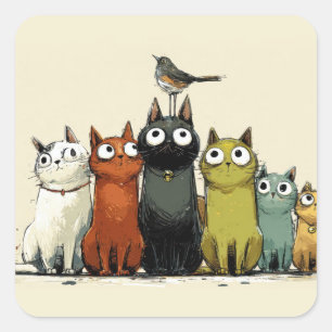 Pegatina Cuadrada Grupo de Gatos Coloridos – Arte de Gato Caprichosa