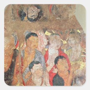 Pegatina Cuadrada Grupo de monjes y Buda