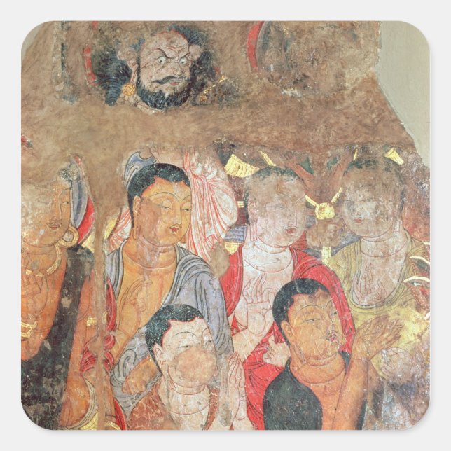 Pegatina Cuadrada Grupo de monjes y Buda (Anverso)