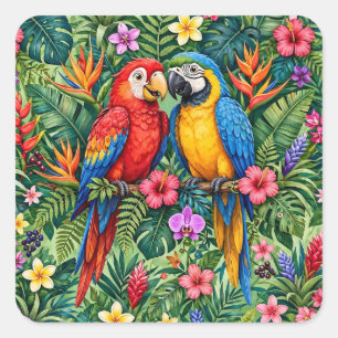 Pegatina Cuadrada Guacamayos de la selva Loros alegres Flores vibran