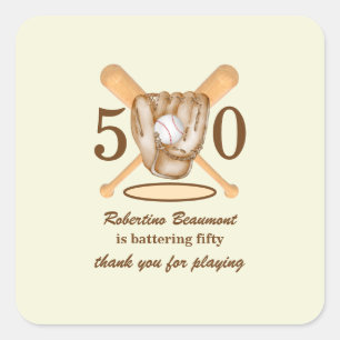 Pegatina Cuadrada Guante de béisbol Bate Tema Hombre Cumpleaños 50