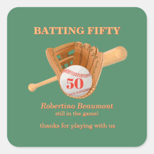 Pegatina Cuadrada Guante de béisbol bateando cincuenta cumpleaños 50
