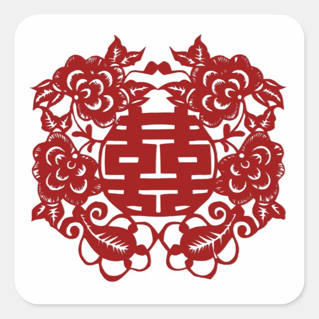 Pegatina Cuadrada guardar la fecha boda de doble felicidad rojo (Anverso)